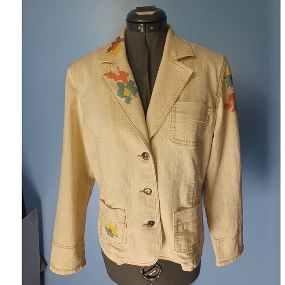FDJ Bohemian Floral Embroidered Cream Colorful Jacket Stitched Western Size 8 - Picture 1 of 11